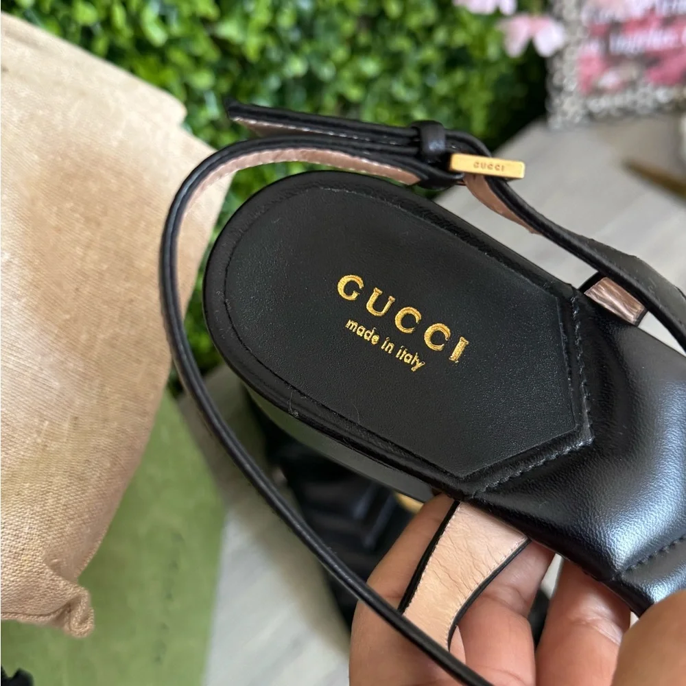 New Gucci Marmont Black Leather GG Sandals - Picture 6 of 9